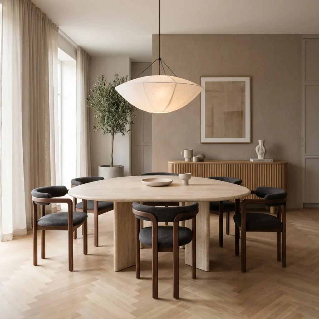 Modern elegant dining space with an oval travertine dining table, walnut chairs, and a fluted oak credenza.