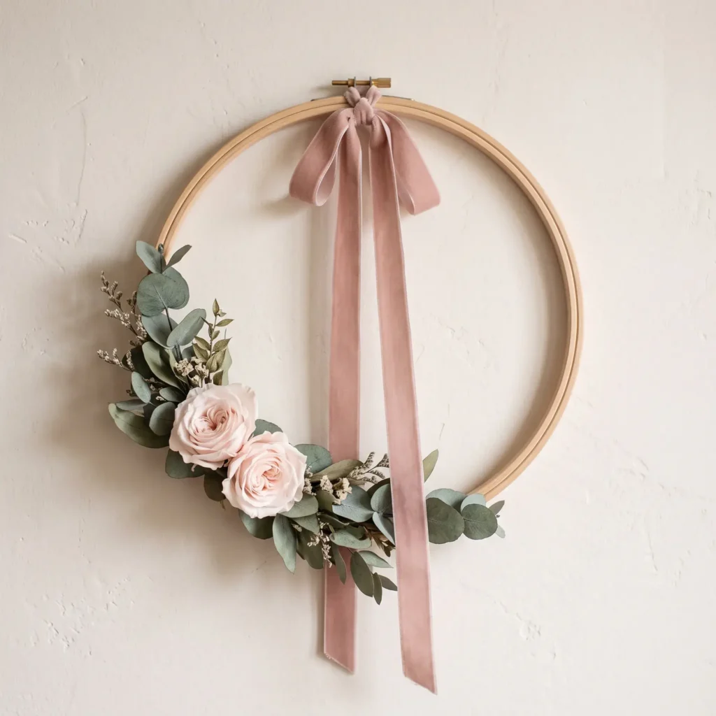 A minimalist wooden embroidery hoop wreath hung on a white wall featuring eucalyptus and blush roses.