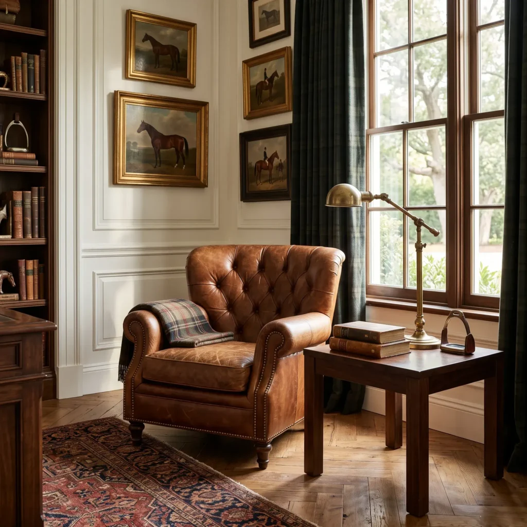 Modern equestrian study featuring a brown tufted leather armchair, dark walnut side table, and brass library lamp against warm white paneled walls.