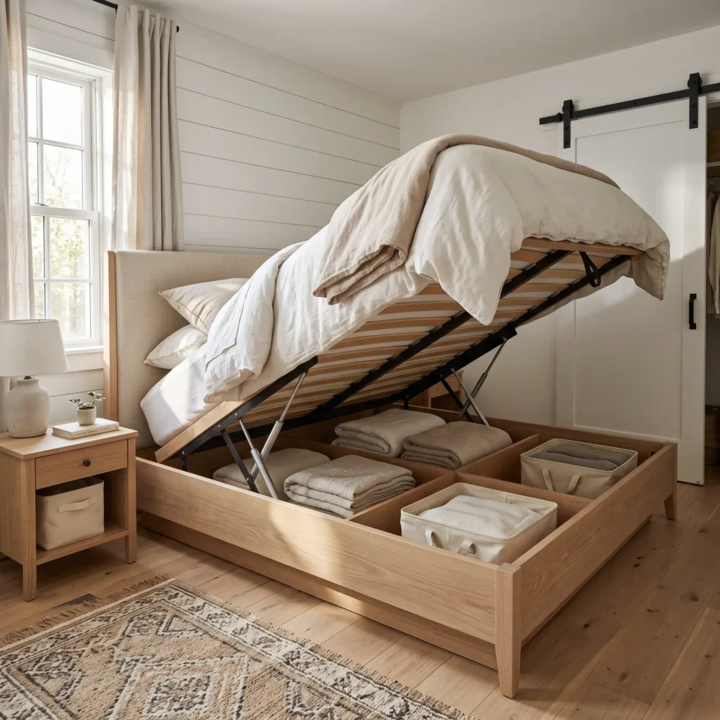 Queen size modern farmhouse gas lift storage bed raised to show organized under mattress storage bins in a small bedroom.
