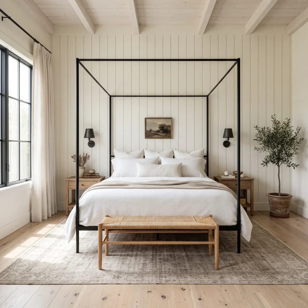 Modern farmhouse white bedroom featuring a slender black iron canopy bed and vertical white nickel-gap wall paneling.