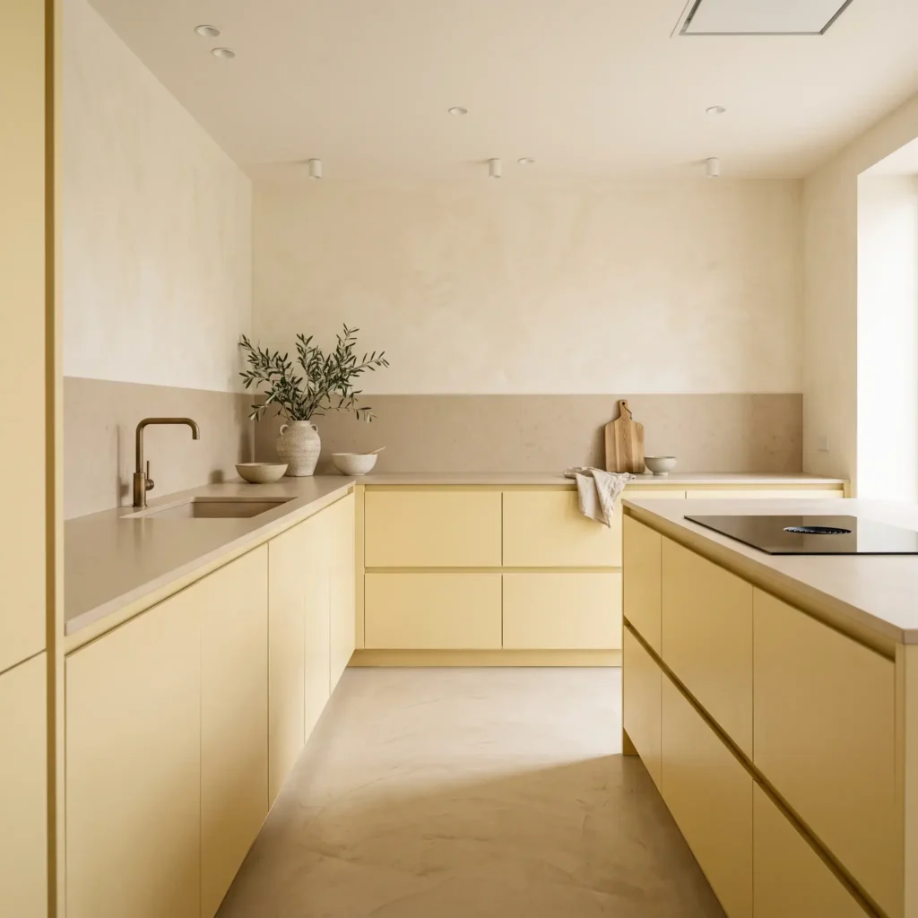 Minimalist butter yellow flat-panel slab kitchen cabinets with integrated finger pulls and white quartz countertops.