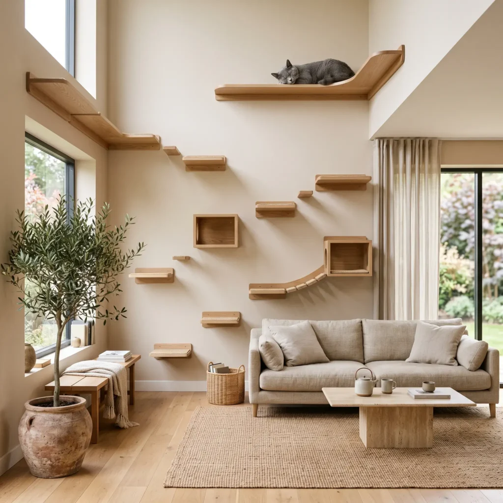Modern floating white oak cat shelves and climbing steps mounted on a neutral wall.