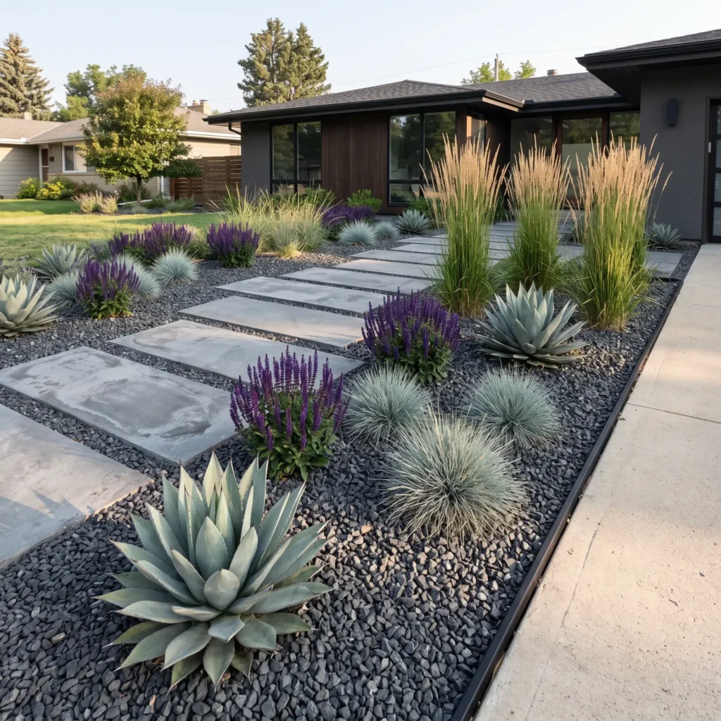 Low-water front yard landscape featuring dark grey crushed gravel, rectangular concrete pavers, purple salvia, and feather reed grass.