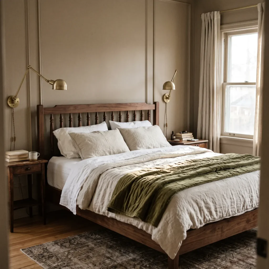 Modern heritage bedroom with dark walnut bed frame, olive green velvet quilt, and unlacquered brass wall sconces