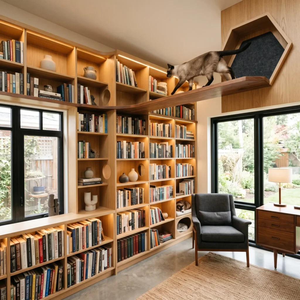 Floor-to-ceiling modern library bookshelves with integrated circular pass-through holes and high climbing ledges for cats.