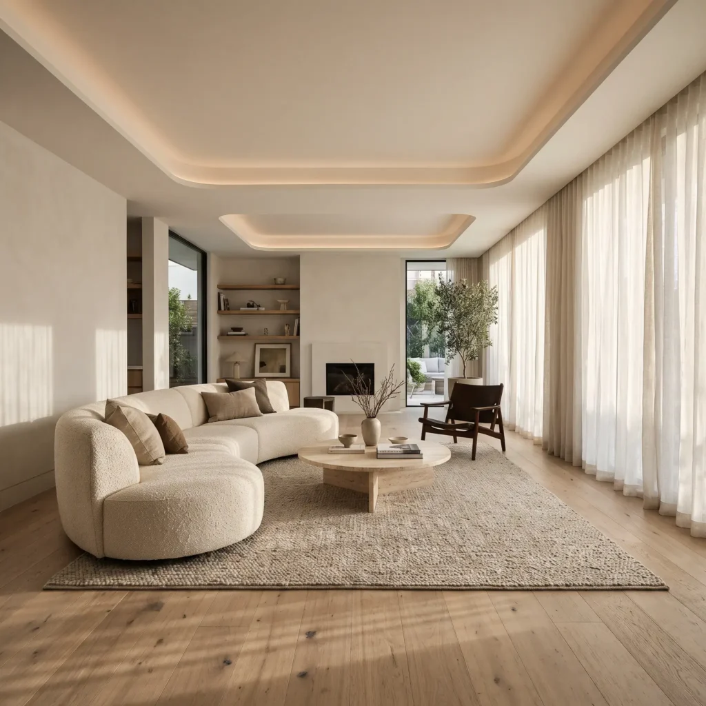 Warm modern living room featuring a curved cream bouclé sofa, round travertine coffee table, and wide-plank oak floors.