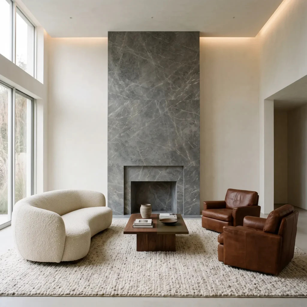 Formal living room with a floor-to-ceiling Fior di Bosco marble fireplace and curved bouclé sofas.