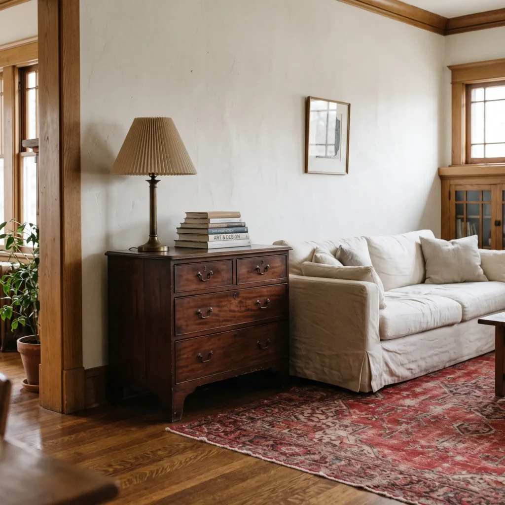 Living room pairing a 19th-century mahogany dresser with a modern cream linen sofa and an antique Persian wool rug.