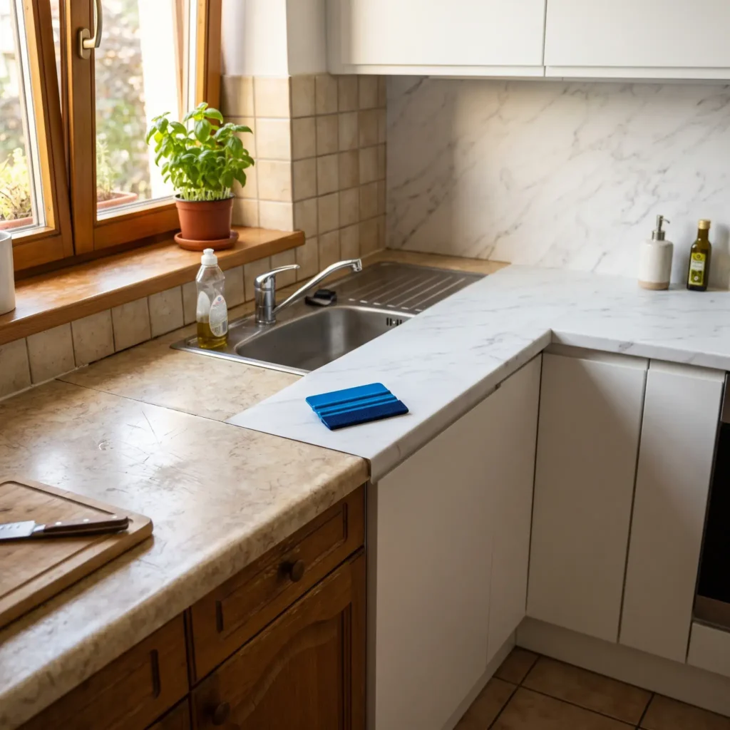 Matte white marble architectural vinyl film applied smoothly across an apartment laminate kitchen countertop.