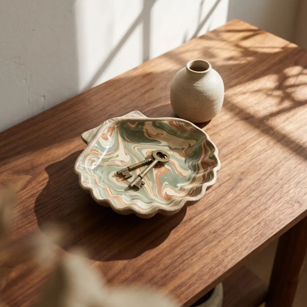 Modern abstract marbled pattern decoupaged clam shell catchall dish holding brass keys on a wooden entryway table.