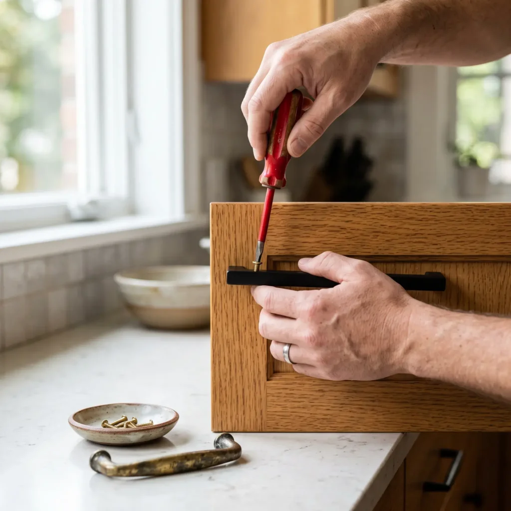 Installing modern matte black metal bar pulls into existing screw holes on honey oak kitchen cabinets.