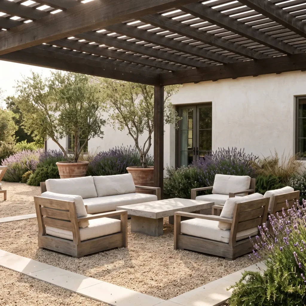 Modern Mediterranean backyard with pea gravel patio, teak lounge chairs, cedar pergola, and potted olive trees.