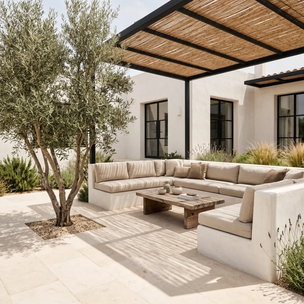 Modern Mediterranean patio featuring large cream limestone tiles, built-in stucco sofa with beige cushions, and a slim pergola.