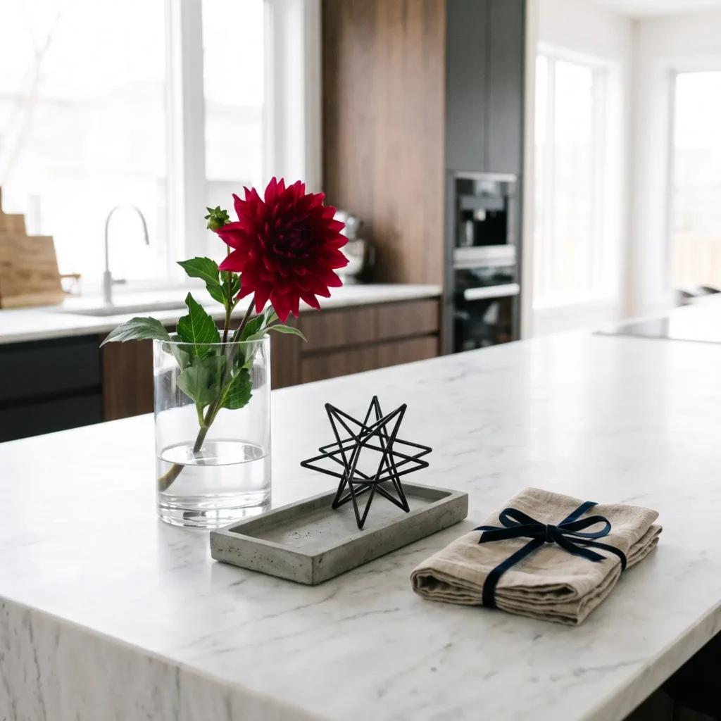 Minimalist white marble kitchen island styled with a single red dahlia in a glass vase, a matte black metal star, and a navy velvet ribbon.
