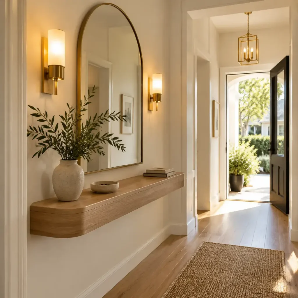 Narrow entryway hall with a wall mounted oak console table, arched mirror, and brass sconces.