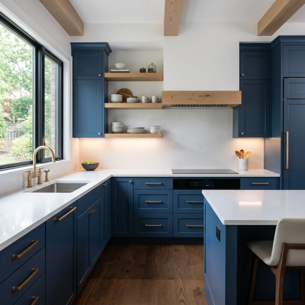 Sherwin-Williams Naval blue kitchen cabinets featuring Top Knobs honey bronze pulls and a seamless quartz backsplash.