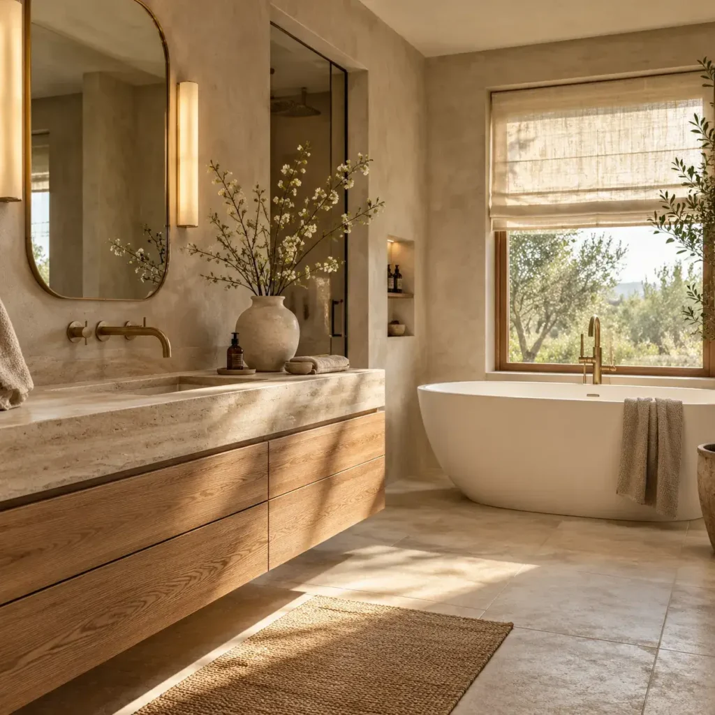 Modern organic bathroom with a floating white oak vanity, honed travertine countertop, unlacquered brass faucet, and oval stone soaking tub.