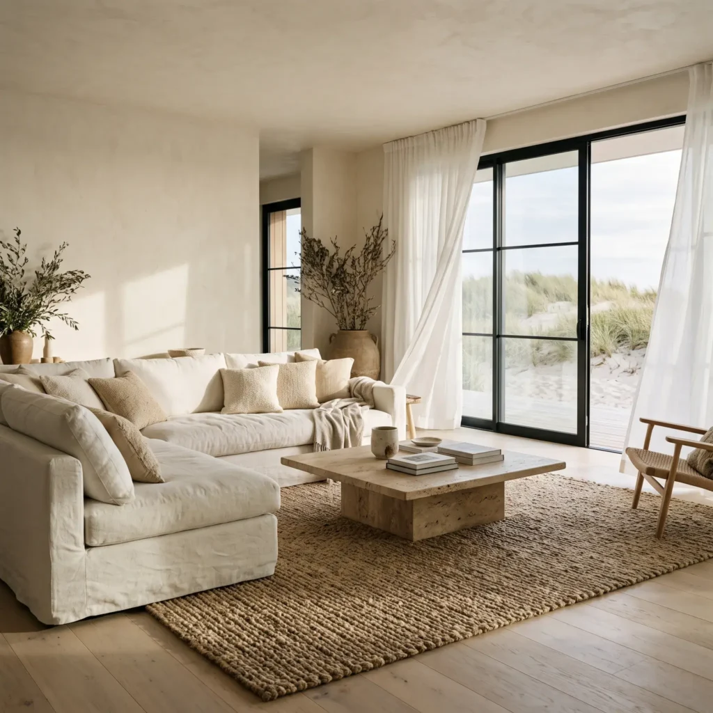 Modern organic coastal living room featuring a low off-white linen sofa, travertine coffee table, and large glass windows.