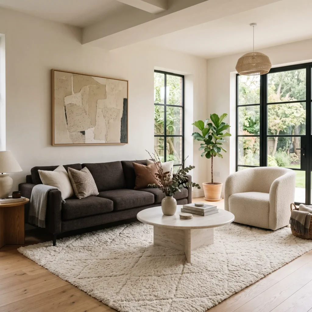 Modern organic living room featuring an espresso fabric sofa paired with a cream wool rug and travertine coffee table.