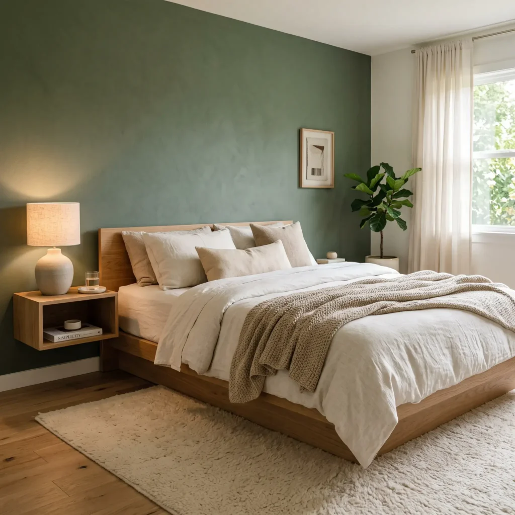 Modern organic moody olive green bedroom with white oak nightstand, ceramic lamp, and textured linen bedding.