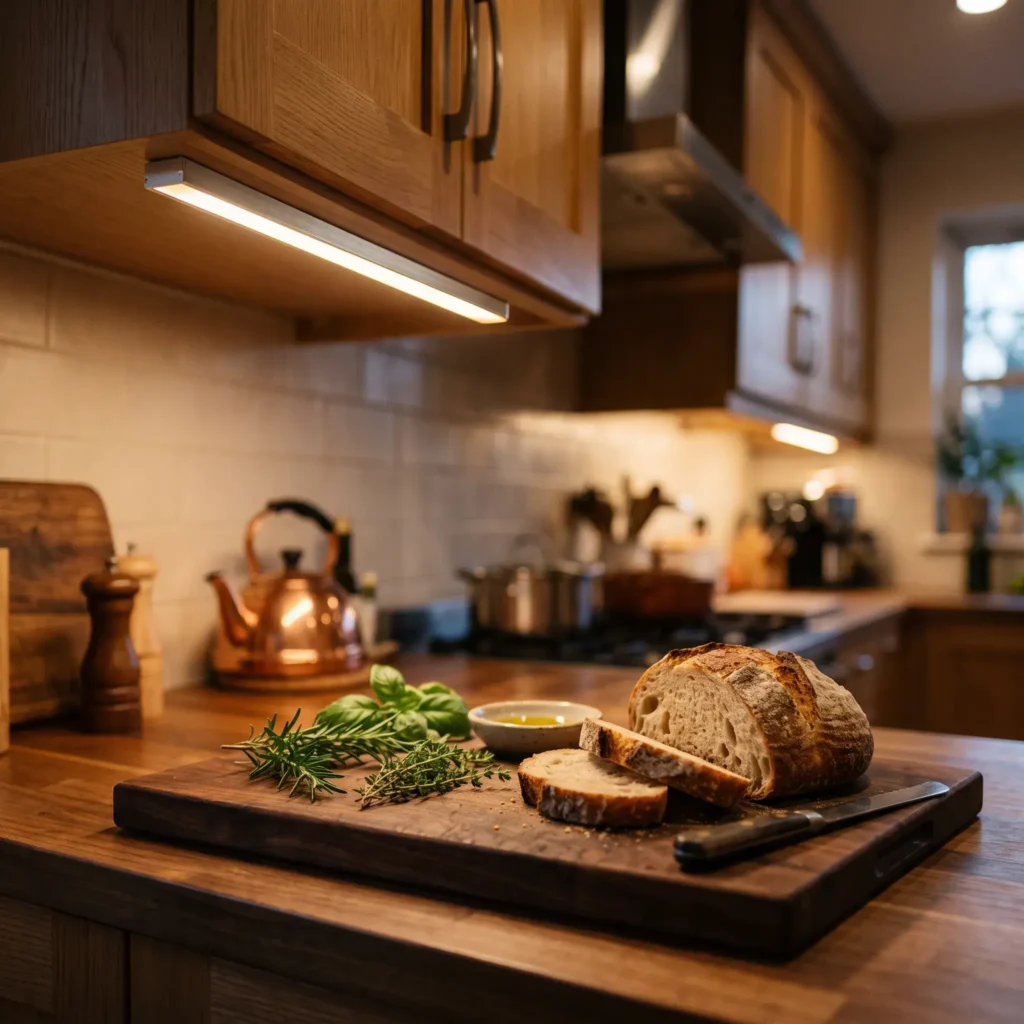 Slim rechargeable magnetic LED light bar mounted under wooden kitchen cabinets casting warm light on prep counter.
