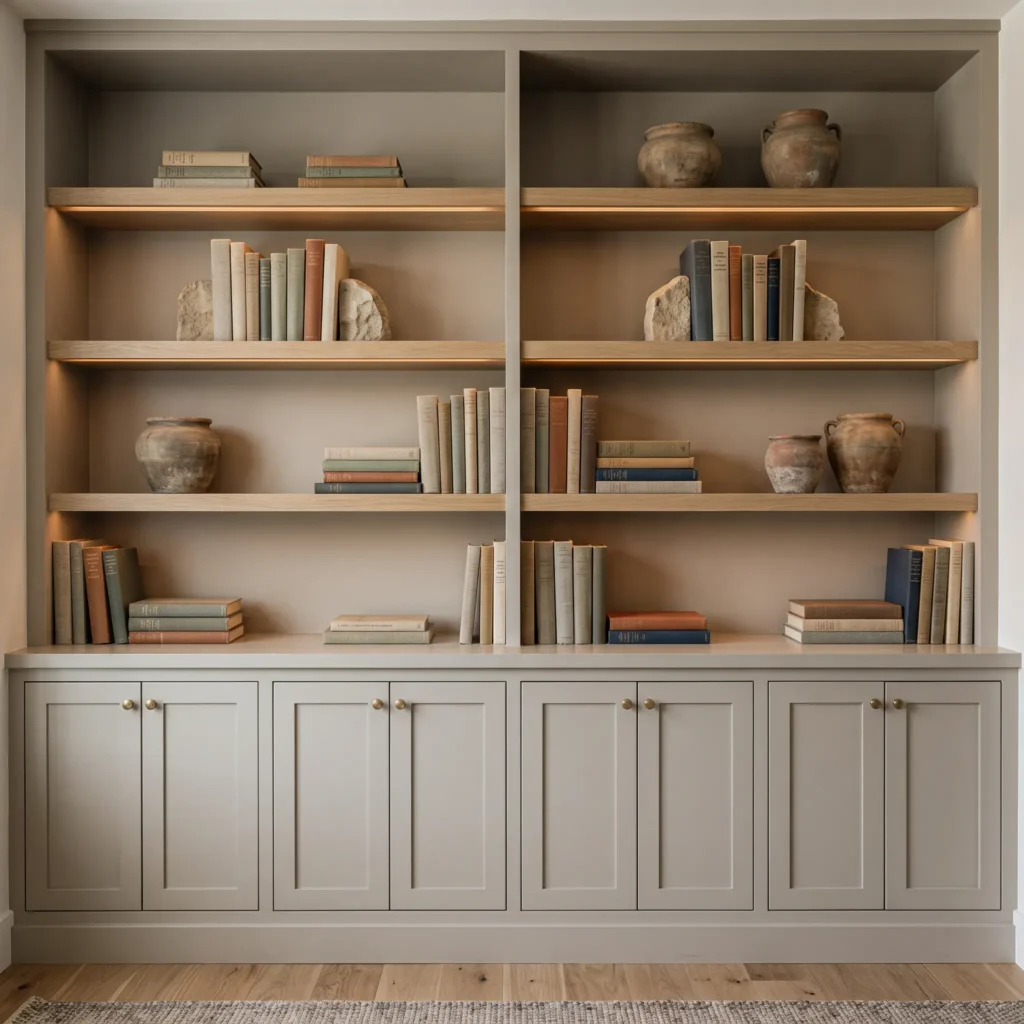 Custom greige built-in living room cabinets with floating white oak shelves and minimalist pottery.