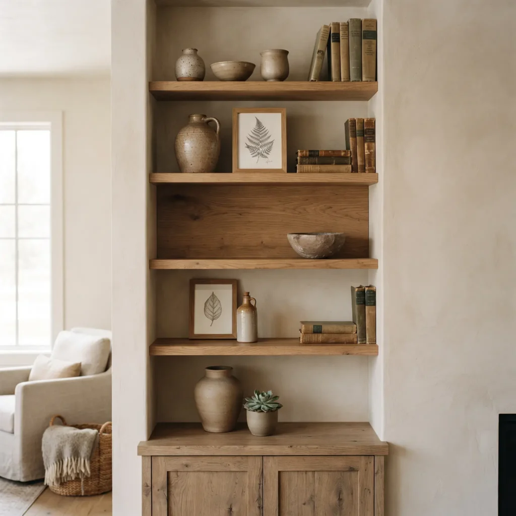 Built-in white oak open shelves styled with ceramic vessels, vintage books, and balanced empty space.