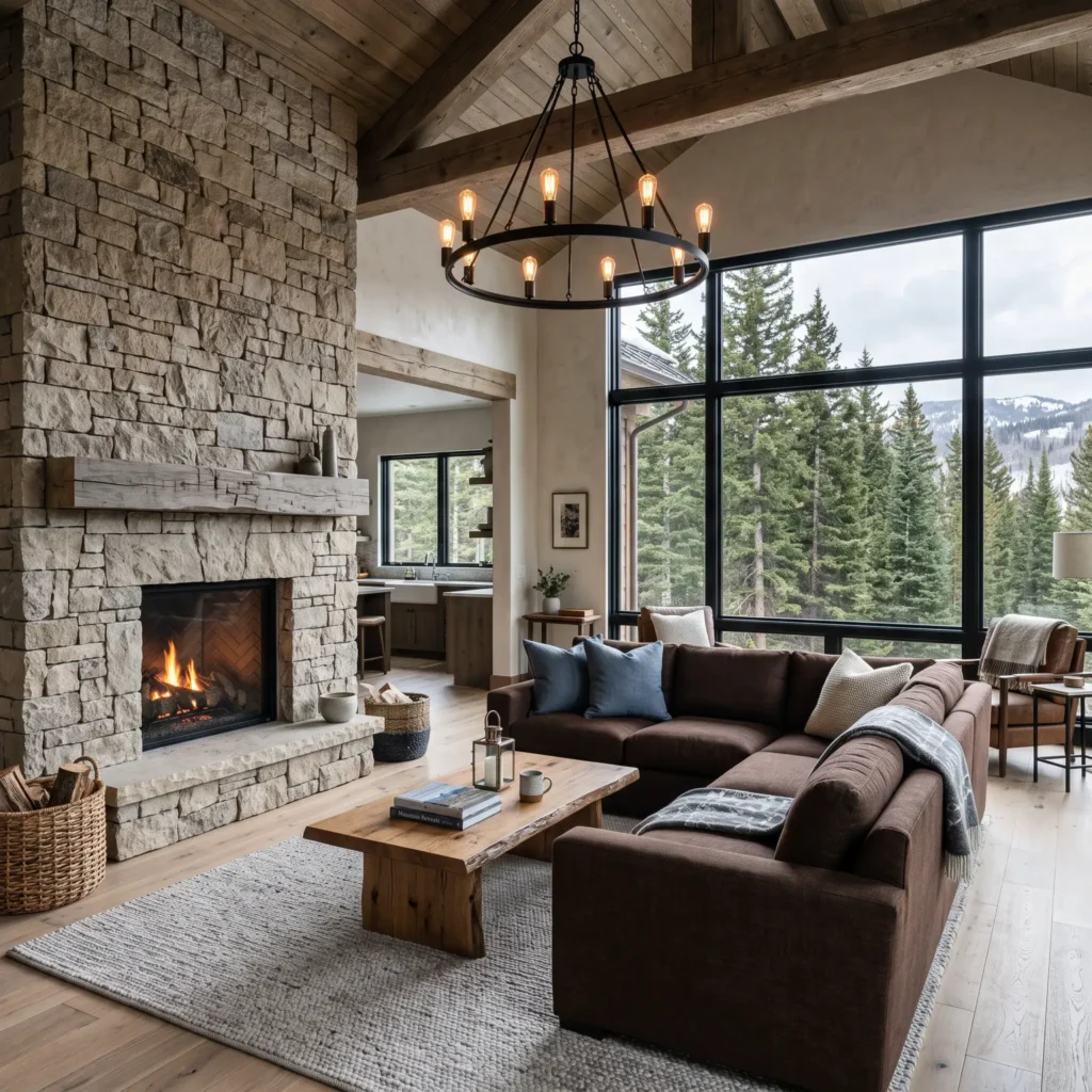 Modern rustic living room with a deep chocolate brown couch in front of a natural stone fireplace.