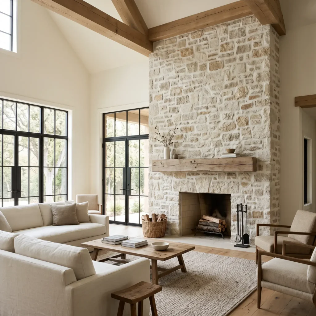 Floor-to-ceiling limestone fireplace with off-white mortar wash and floating timber mantel in a bright modern rustic living room.