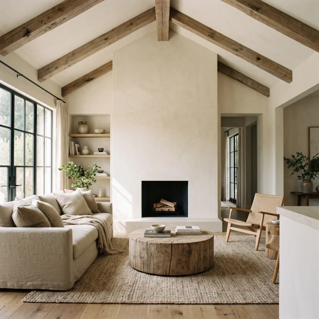 Modern rustic living room with an ivory lime plaster fireplace, exposed timber ceiling beams, and a linen sofa.