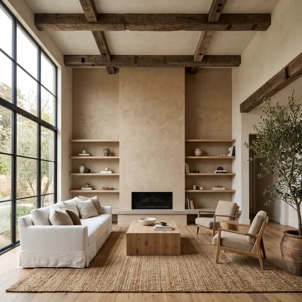 Modern rustic living room showing hand-hewn ceiling beams paired with smooth white oak floating shelves.