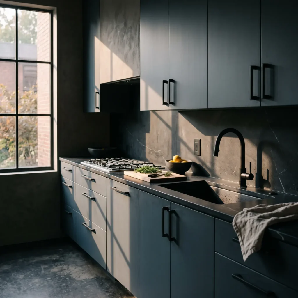 Benjamin Moore Gentleman's Gray slab cabinets featuring Emtek flat black handles and honed black soapstone counters.