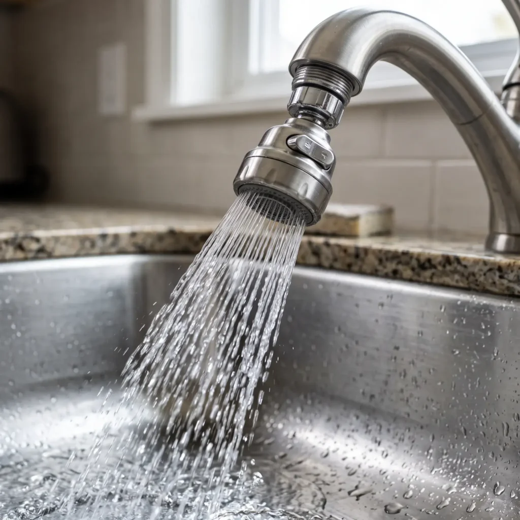 Machined brass articulated swivel aerator attached to an apartment kitchen sink spout with running water.