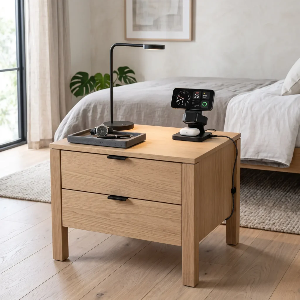 White oak bedside table featuring a compact magnetic charging stand and hidden power cords.