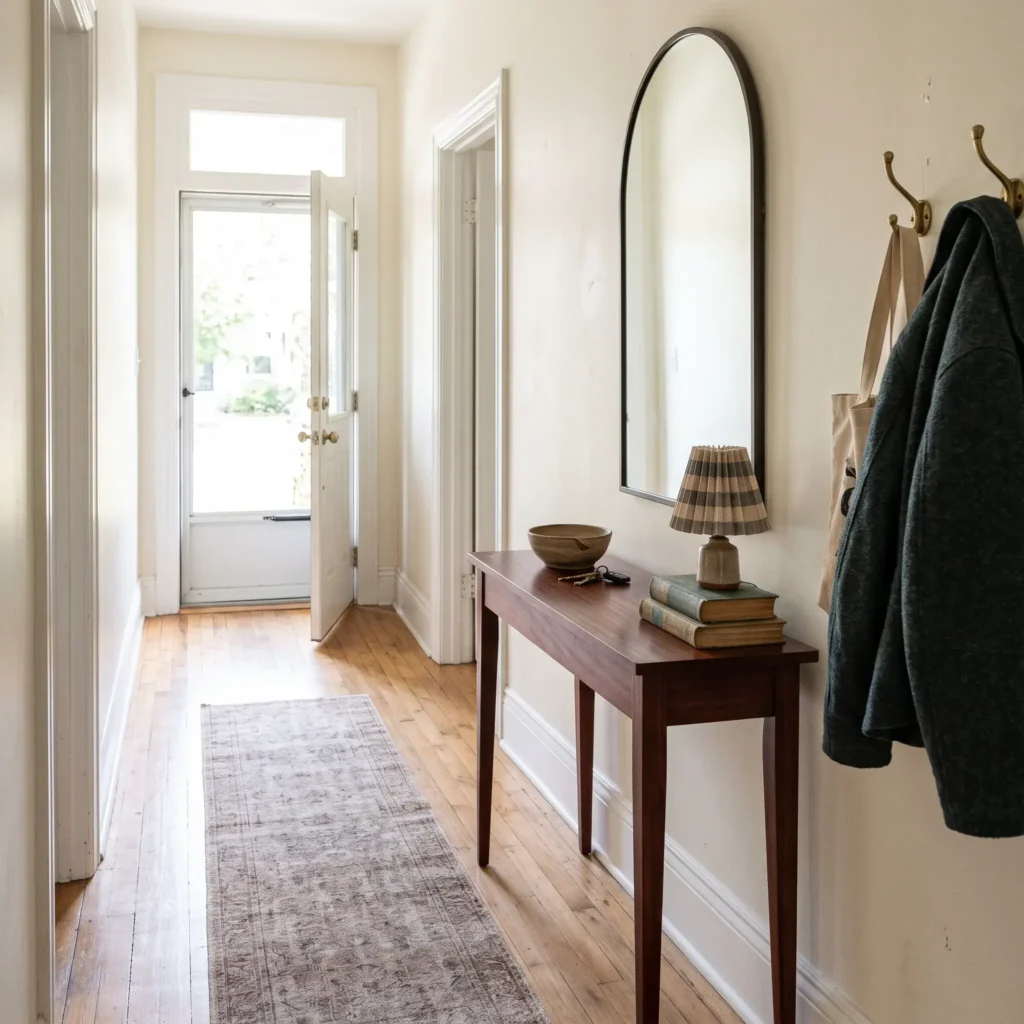Narrow entryway with vintage mahogany console table, large arched black mirror, and brass coat hooks