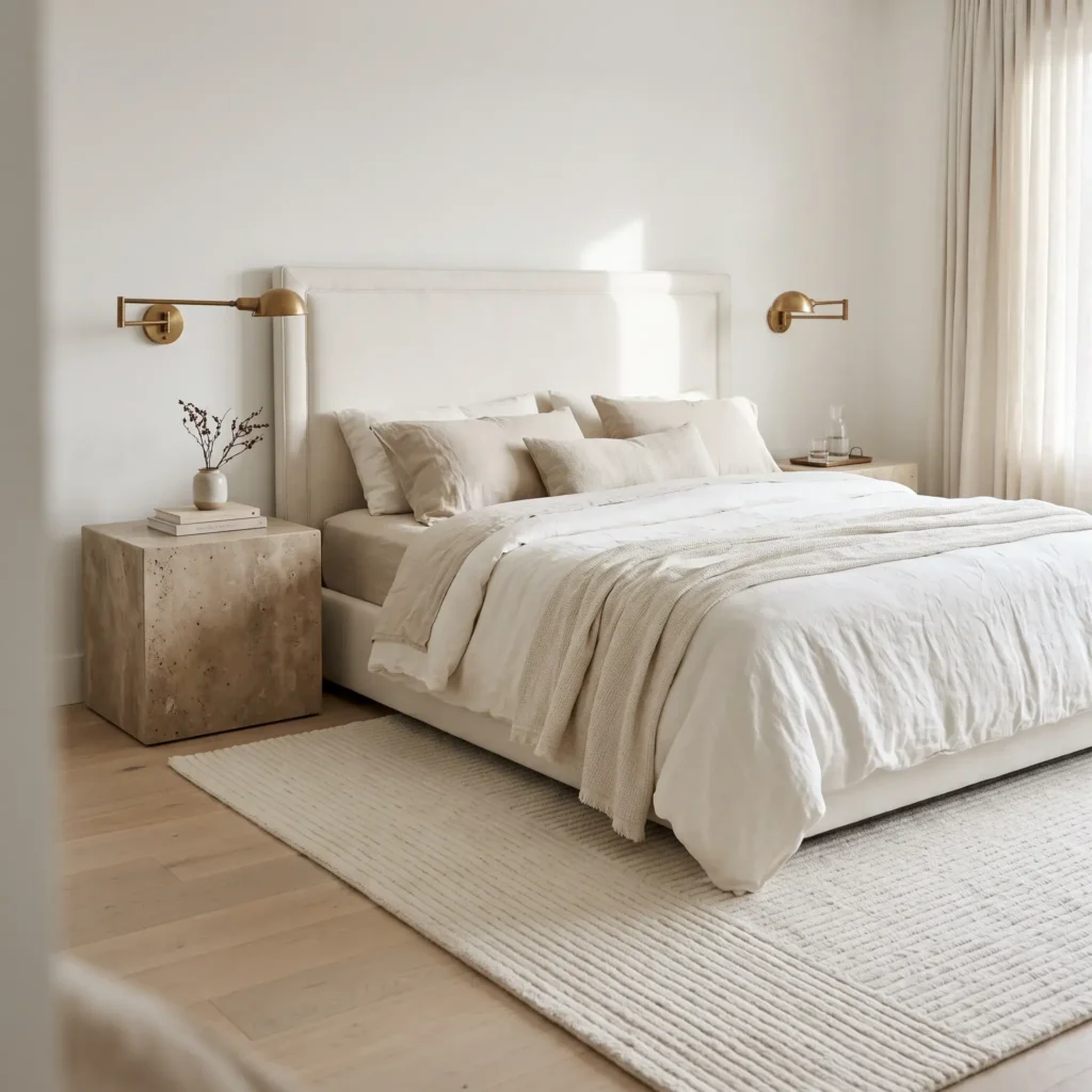 Contemporary white bedroom with an upholstered headboard, honed travertine cube nightstands, and unlacquered brass wall sconces.