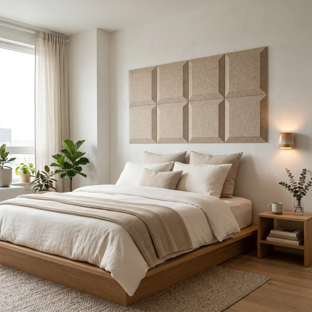Geometric grid of beveled warm beige acoustic felt tiles mounted on a bedroom wall behind a bed.