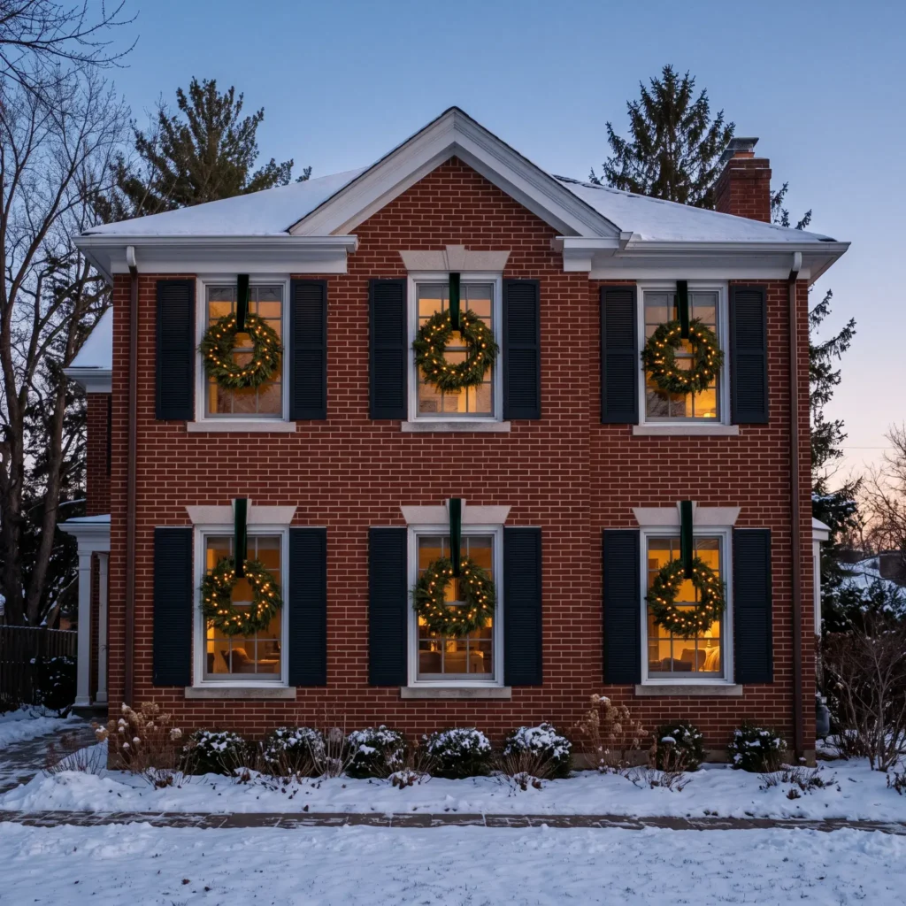 Symmetrical cedar wreaths with dark green velvet ribbon hanging on exterior colonial windows at dusk.