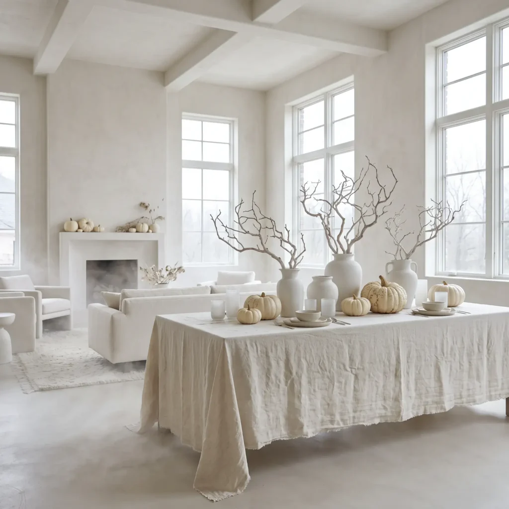 Minimalist white Halloween party room with ivory linens, bleached branches, and heirloom white pumpkins.