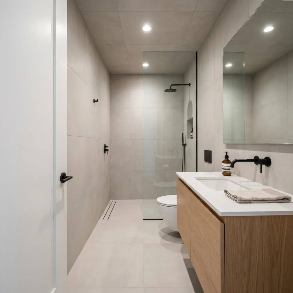 Small modern bathroom featuring continuous 24 by 24 inch matte greige porcelain tiles on the floor and walls with a floating vanity.