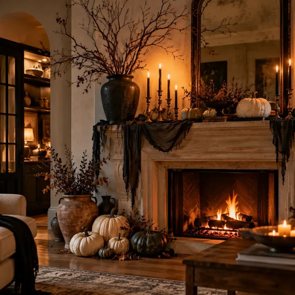 Asymmetric fireplace mantel styled with black tapers, bare branches, and heirloom pumpkins for Halloween.