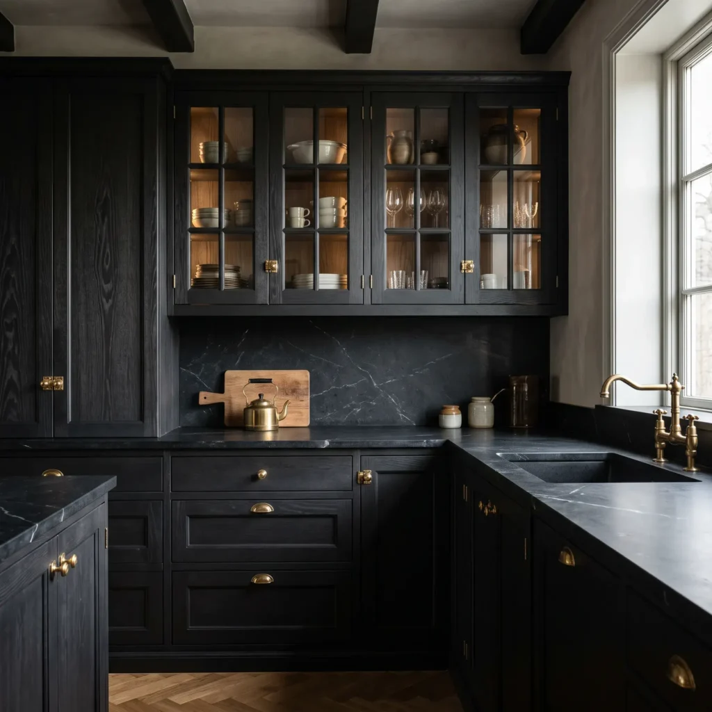 Dark and moody kitchen remodel showing black stained IKEA LERHYTTAN wood cabinets with brass knobs and stone counters.