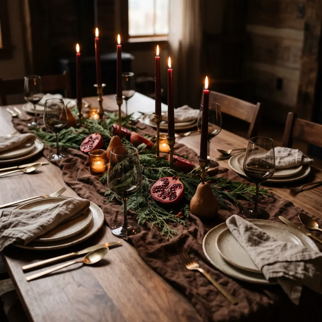 Holiday dining table styled with a chocolate linen runner, fresh split pomegranates, and burgundy taper candles.