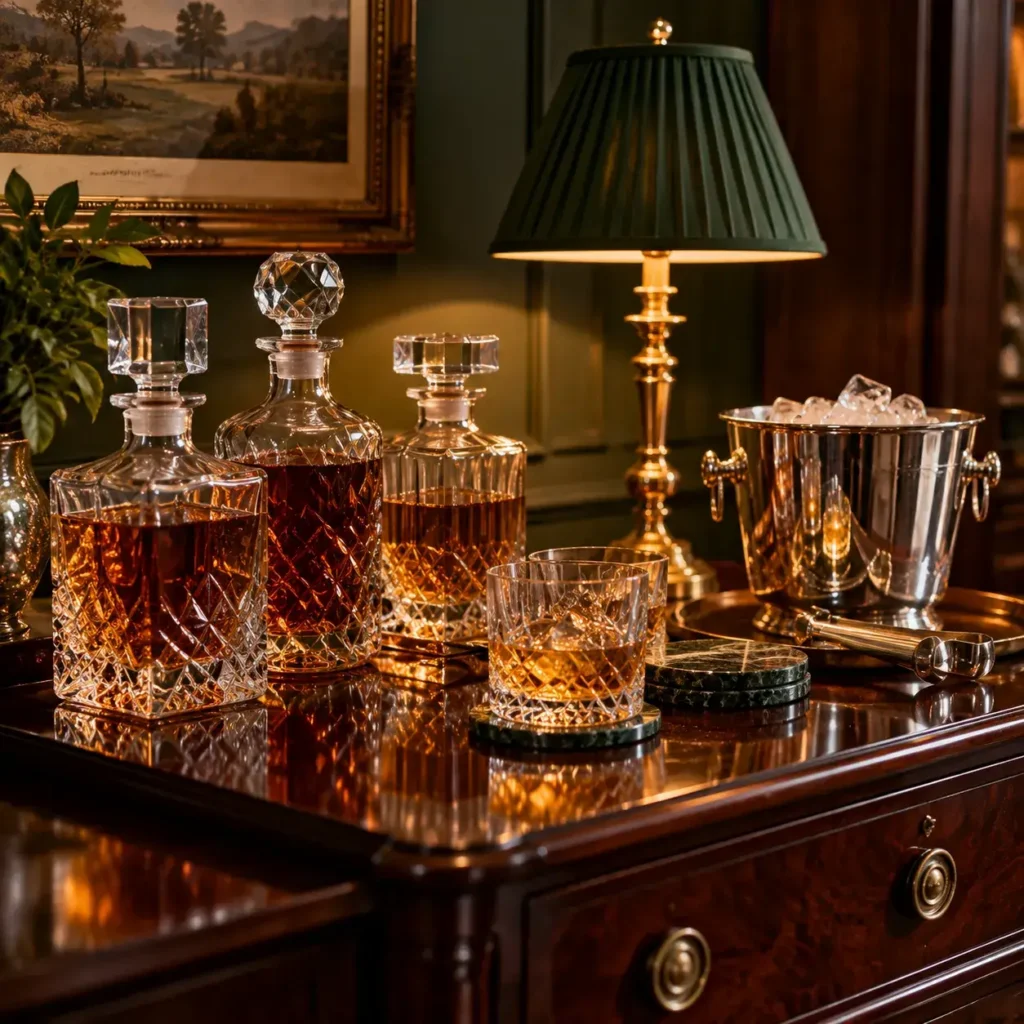 Traditional home bar styled on dark mahogany furniture with cut-crystal decanters and a vintage silver ice bucket.
