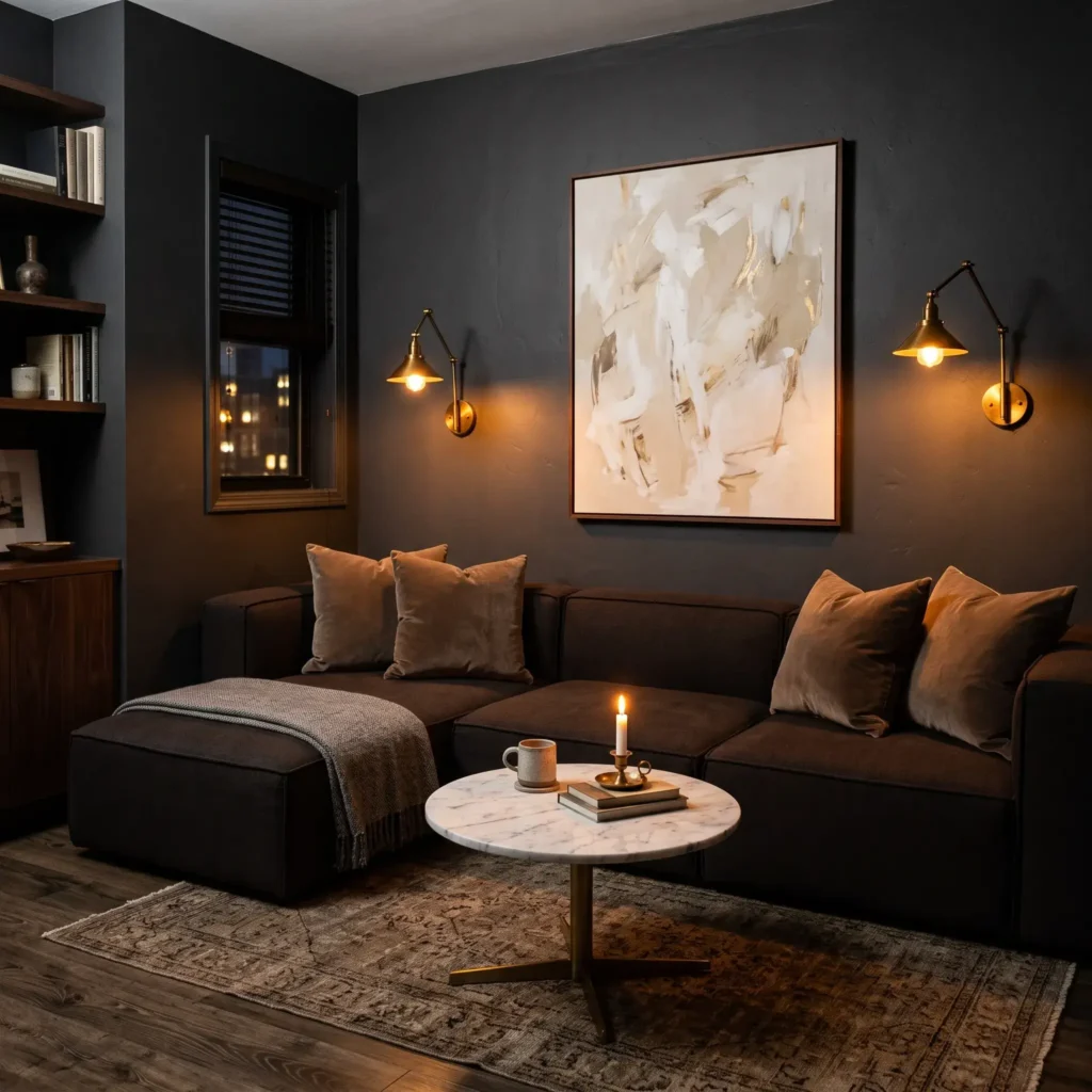 Moody living room with dark charcoal walls and a dark espresso sectional couch illuminated by warm brass sconces.