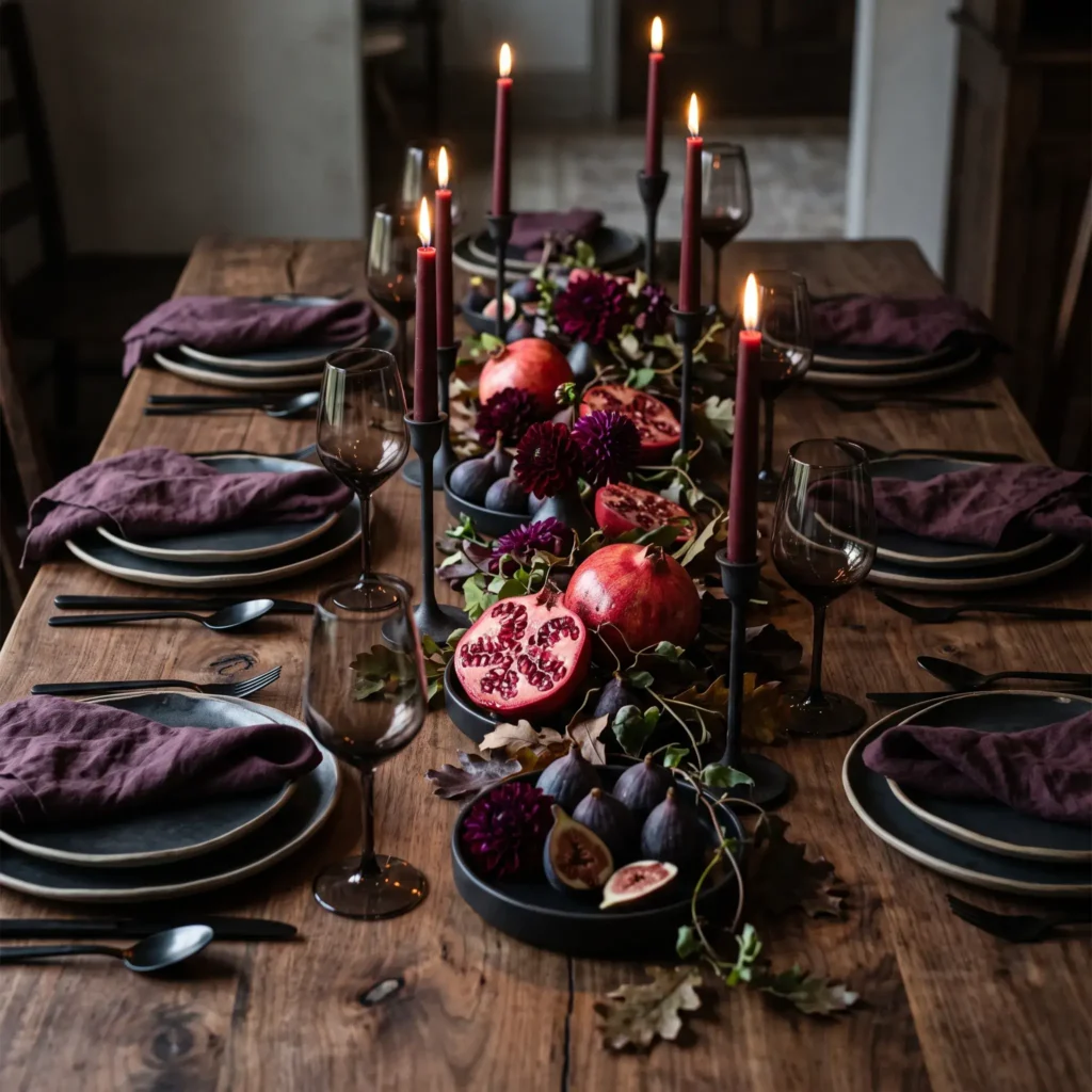 Moody Thanksgiving table setting with charcoal plates, fresh cut pomegranates, smoked wine glasses, and deep red candles on dark wood.