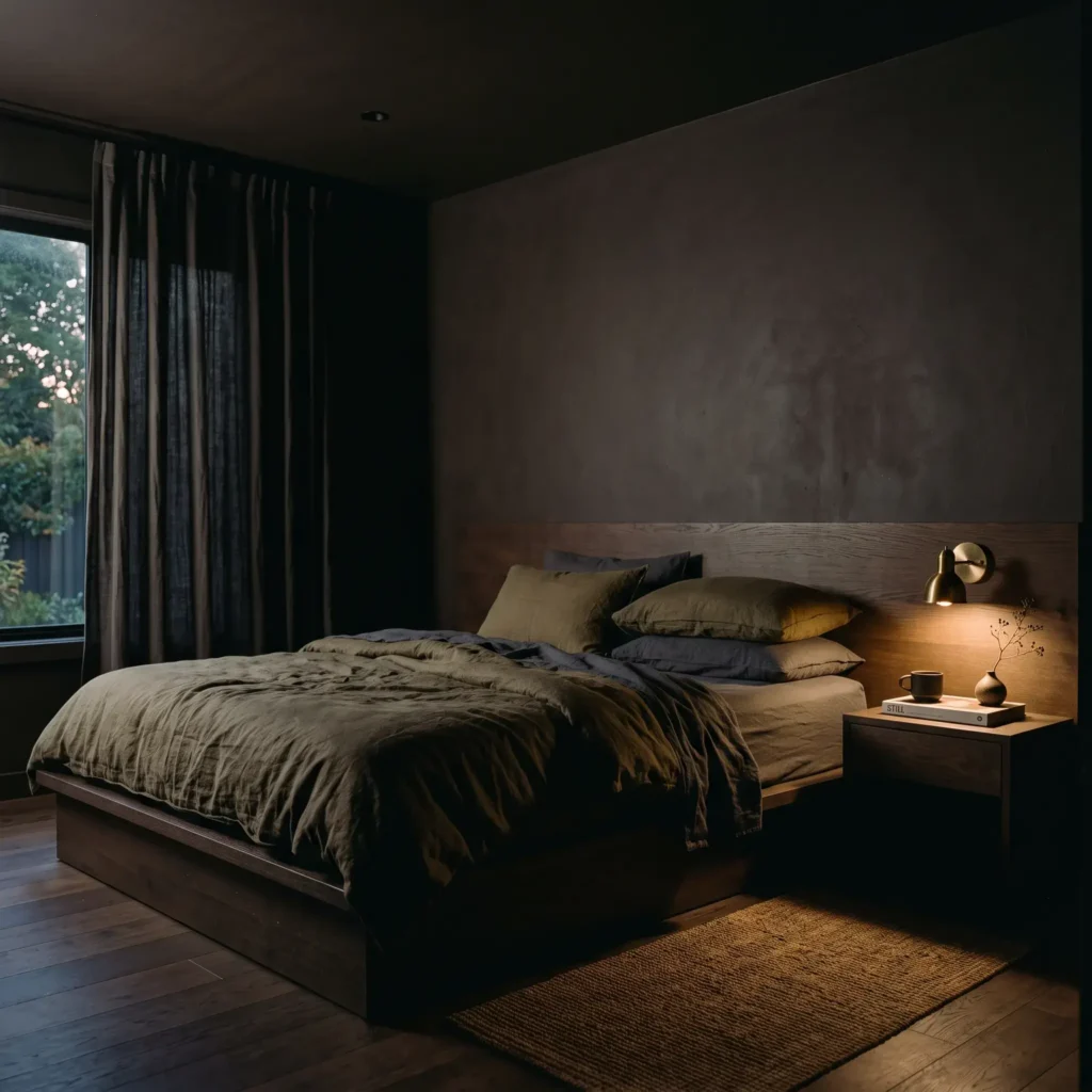 Moody dark Japandi bedroom with matte charcoal walls, smoked oak bed frame, and olive linen bedding.