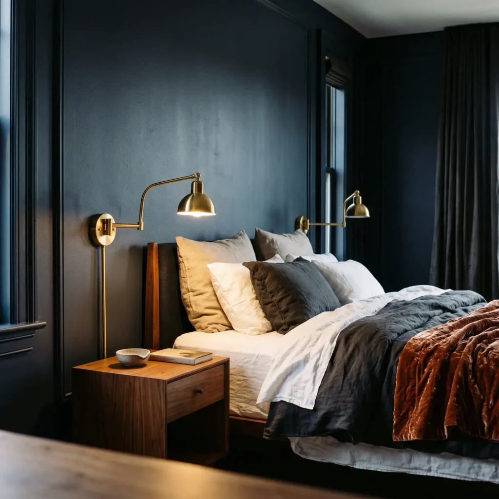 Dark teal bedroom with moody walls, brass bedside lamp, and layered charcoal bedding.