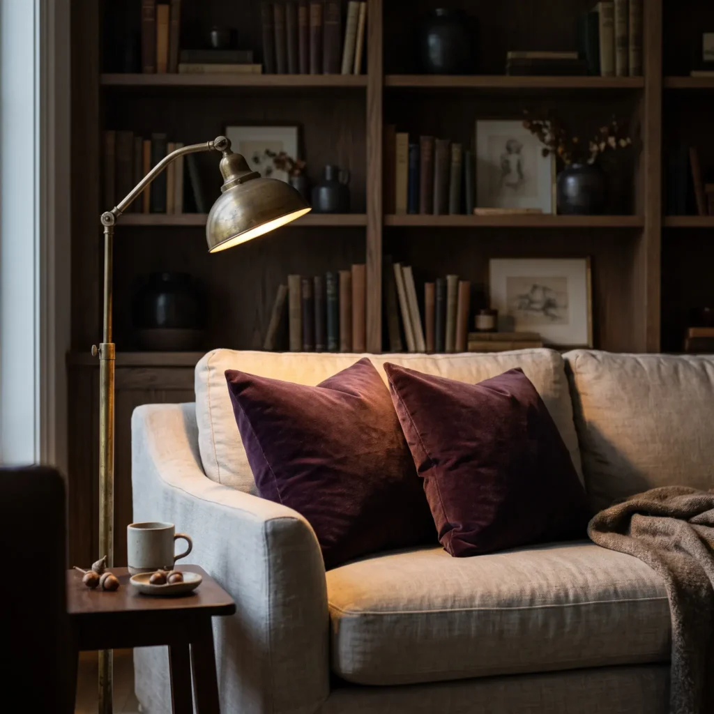 Living room sofa corner featuring deep plum velvet throw pillows, a dark wood bookcase, and a brass floor lamp.